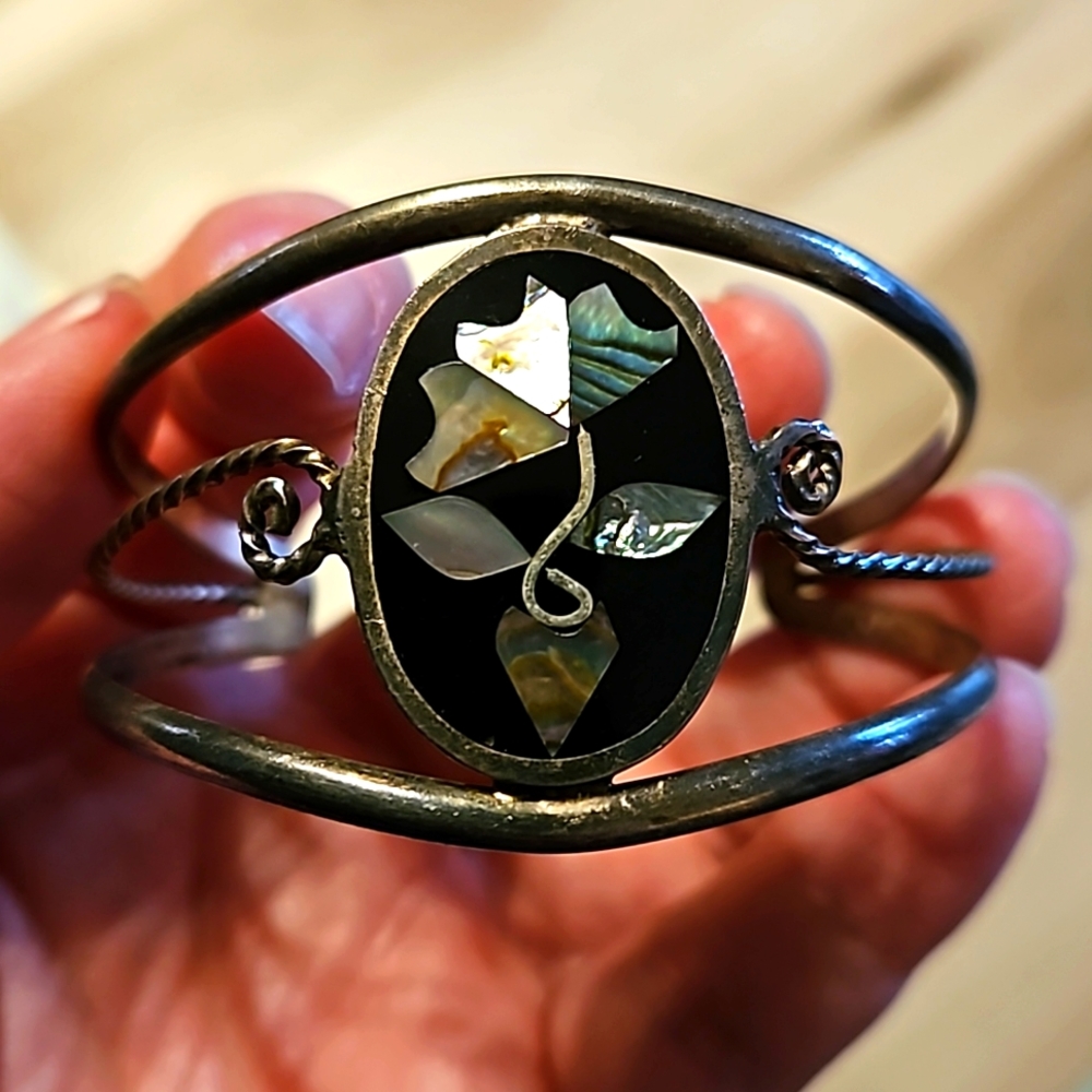 Vintage Alpaca Abalone Silver Mexican Cuff Bracelet
